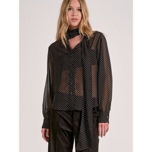 NWT Elan Black Sheer Polka Dot Blouse Tie Neck Long Sleeve Size L